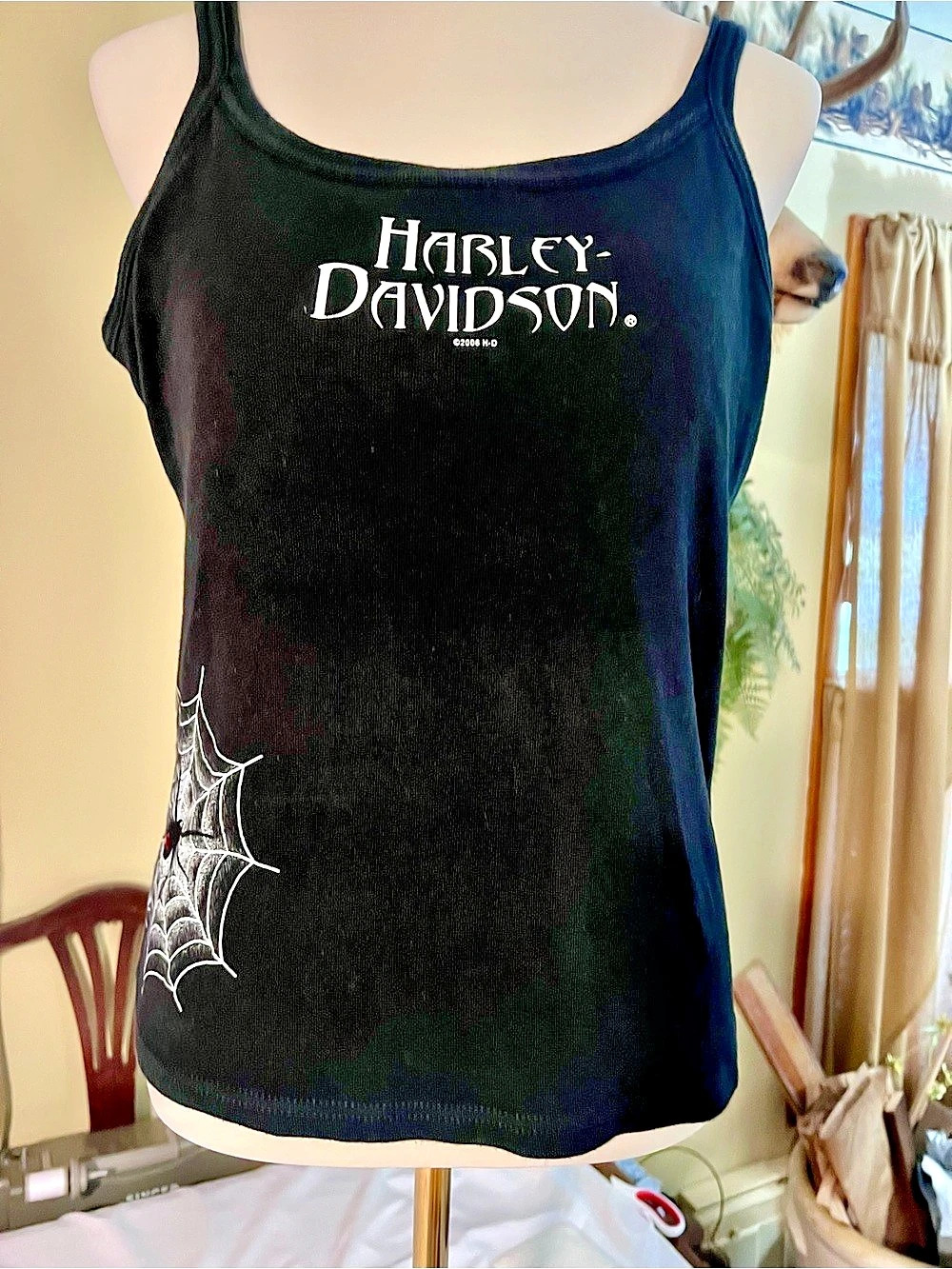 Harley-Davidson Spiderweb Tank Top in Black with Red Ruby Rhinestone in spider.